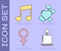 Set Burning candle, Music note, tone with hearts, Female gender symbol and Heart icon. Vector Royalty Free Stock Photo