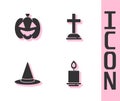 Set Burning candle, Pumpkin, Witch hat and Tombstone with cross icon. Vector