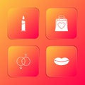 Set Burning candle, Shopping bag with heart, Gender and Smiling lips icon. Vector