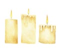 Set of burning candles. Watercolor illustration.