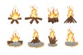 Set Burning and extinct bonfires. Forest warming bonfire, fireplace burning campfire cartoon.