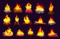 Set of burning fire flames, campfire with logs Royalty Free Stock Photo