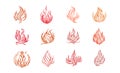 Set of burning flame, fire and bonfire in red, orange and yellow colors. Vector collection Royalty Free Stock Photo