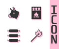 Set Burning match with fire, Cow head, Sausage and Matchbox and matches icon. Vector