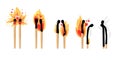 Set of burning match. Sequence steps of combustion. Wood matchstick with sulfur head, flaming stages from ignition to Royalty Free Stock Photo