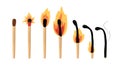 Set of burning match. Sequence steps of combustion. Wood matchstick with sulfur head, flaming stages from ignition to Royalty Free Stock Photo