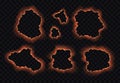 Set of burning paper holes, edges, frames with fire sparks isolated on transparent background. Royalty Free Stock Photo