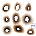 Set of burnt holes on white background isolated vector illustra Royalty Free Stock Photo