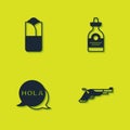 Set Burrito, Vintage pistols, Hola and Tequila bottle icon. Vector