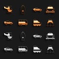 Set Bus, Taxi car, Cruise ship, Car, Helicopter and Surfboard icon. Vector