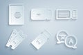Set Bus ticket, Ticket, Translator, Train and Cover book travel guide icon. Vector Royalty Free Stock Photo