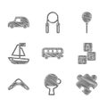 Set Bus toy, Racket and ball, Puzzle pieces, ABC blocks, Boomerang, Toy boat, Balloons with ribbon and car icon. Vector Royalty Free Stock Photo