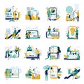 Set of business analysis icons with people characters color financial diagrams Royalty Free Stock Photo