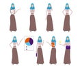 Set of business arab woman character with hijab. Smiling girl in hijab pointing is working. Young Arabic business woman