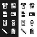Set Business card, Torn document, T-shirt, Copy machine, News, Coffee cup to go, File and Pencil with eraser icon