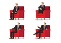 Set of business characters in four sitting positions in red armchair