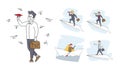 Set Business Characters Sail Paper Boat, Flying on Paper Airplane. Man and Woman in Ocean and Sky Risk, Search Solution