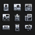 Set Business finance report, Mobile with dollar, Stacks paper money cash, Buy button, Trading courses, and icon. Vector