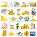 Set of business and financial things like currency, gold coin, dollar note, piggy bank showing savings,investment, and