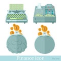 Set of business flat icons on white. Pouch with gold coins, typewriter makes money and cashbox with banknotes