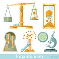 Set of business flat icons on white. Scales with money, microscope show money, sandglass banknotes; money pipe; keyhole to room wi