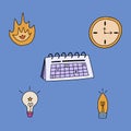 Set of business icons in cartoon hand drawn style about planning business project, duration of it, time and deadline for tasks, Royalty Free Stock Photo