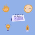 Set of business icons in cartoon hand drawn style about planning business project, duration of it, time and deadline for tasks,