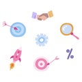 Set of business icons in cute cartoon style. About business processes, goals, analyzing, searching information, launching projects Royalty Free Stock Photo