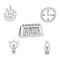 Set of business icons in doodle hand drawn style about planning business project, duration of it, time and deadline for tasks,