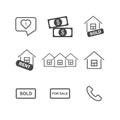 Set of business icons. Icons of sold and rent house, money and phone. Business growth on white isolated background