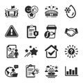 Set of Business icons, such as Arena, Takeaway coffee, Ship travel symbols. Vector