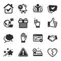 Set of Business icons, such as Handshake, Speech bubble, Web settings symbols. Vector
