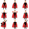 Set of business man character in classic black suits with red superhero capes. Successful office workers in different