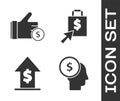 Set Business man planning mind, Hand holding coin, Financial growth and coin and Shoping bag and dollar icon. Vector