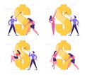 Set of Business Man and Woman with Rollers Drawing Huge Dollar Sign with Gold Paint. Economy and Finance Success Royalty Free Stock Photo