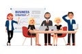 Set of business people cartoon characters. Colleagues at the meeting, business woman pointing at the white board with