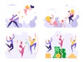 Set of Business People Celebrate Success Drinking and Dancing at Money Piles. Male and Female Characters Attract Clients