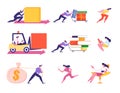 Set Business People Characters Pushing Trolley with Files and Gift Boxes, Riding Forklift, Drag Money Sack