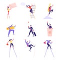 Set of Business People Characters Walking on Stilts, Jumping with Pole, Using Gps Mobile Application Royalty Free Stock Photo