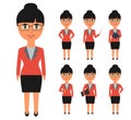 Set of business people in flat style. Women with black hair in office clothes in different poses