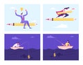 Set of Business People Flying on Huge Pencil, Fishing in Ocean with Dollar Bait. Woman in Super Hero Cloak