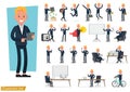 Set of business people wearing blue suit and working character vector design. Presentation in various action with emotions, Royalty Free Stock Photo