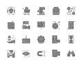 Set of Business Strategy Grey Icons. Hourglass, Algorithm, Certificate and more.