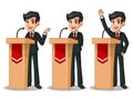 Set of businessman in black suit giving a speech behind rostrum Royalty Free Stock Photo