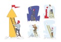 Set of Businessman Characters Climbing Ladder to Take Star from Sky, Assemble Puzzle, Look in Spyglass. Task Solution