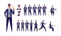 Set of businessman characters in different poses. Working, standing, walking, sitting and running Royalty Free Stock Photo