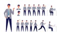 Set of businessman characters in different poses. Working, standing, walking, sitting and running Royalty Free Stock Photo