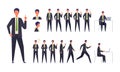 Set of businessman characters in different poses. Working, standing, walking, sitting and running Royalty Free Stock Photo