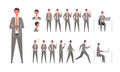 Set of businessman characters in different poses. Working, standing, walking, sitting and running Royalty Free Stock Photo