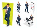 Set of Businessman Man on white background. Isometric character poses. Cartoon people. Create your own design for vector